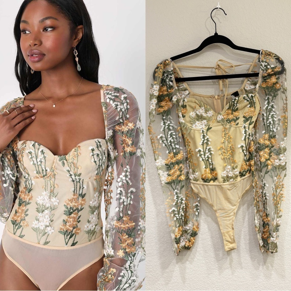 NWOT Lulus Essence of Elegance Beige Embroidered Long Sleeve Bodysuit